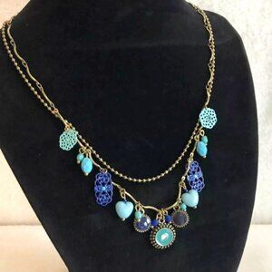 OHQ Turquoise & Royal Blue Beaded Crystal Rhinestone Necklace